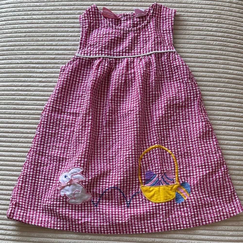Ellemenno Pink Gingham Dress with Bunny and Basket Embroidered Patches in S 3T